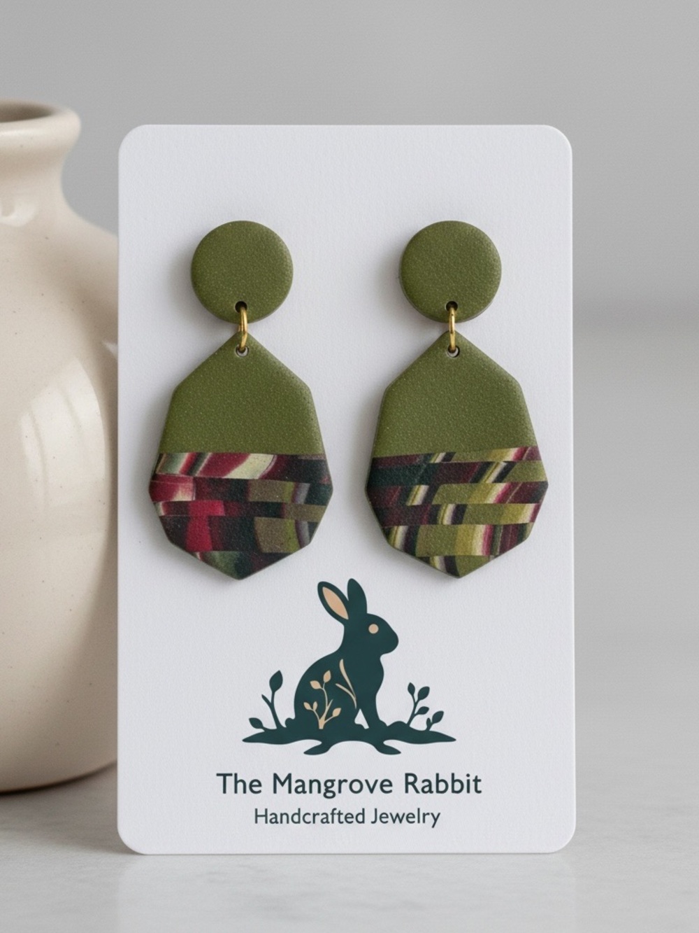 Handmade Polymer Clay Large Dangle Earrings Crimson Ecru Green Stripe w SS Posts